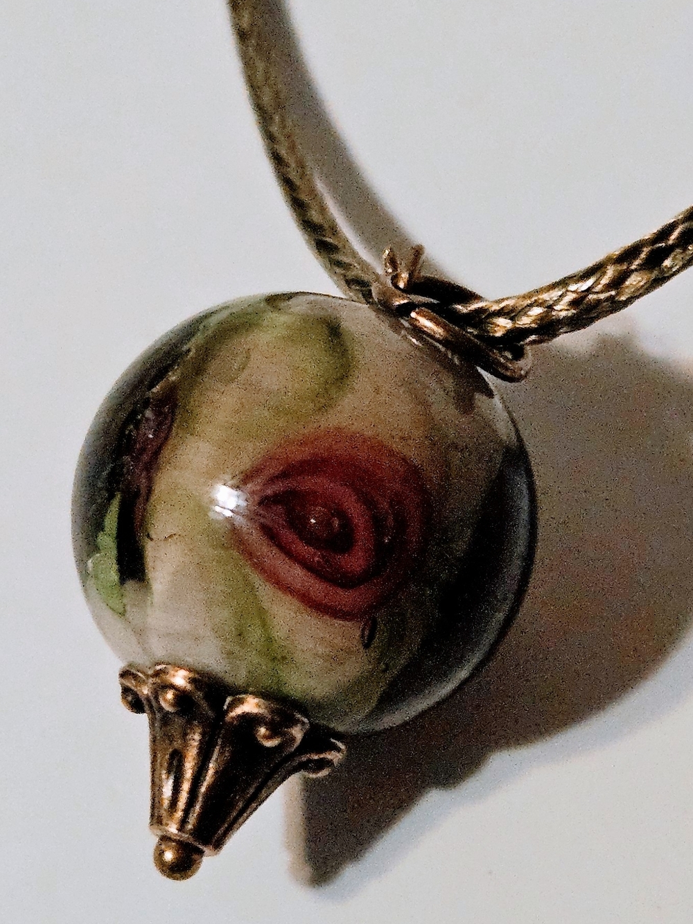 Handcrafted Rose Glass Pendant Necklace in Green and Pink